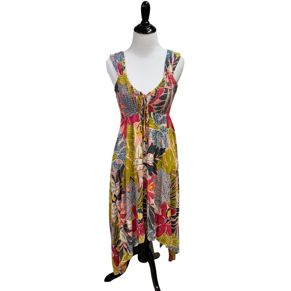 Angie Women's L Large Sun Dress Cinched Waist Back Tie Low Back Uneven Hemline